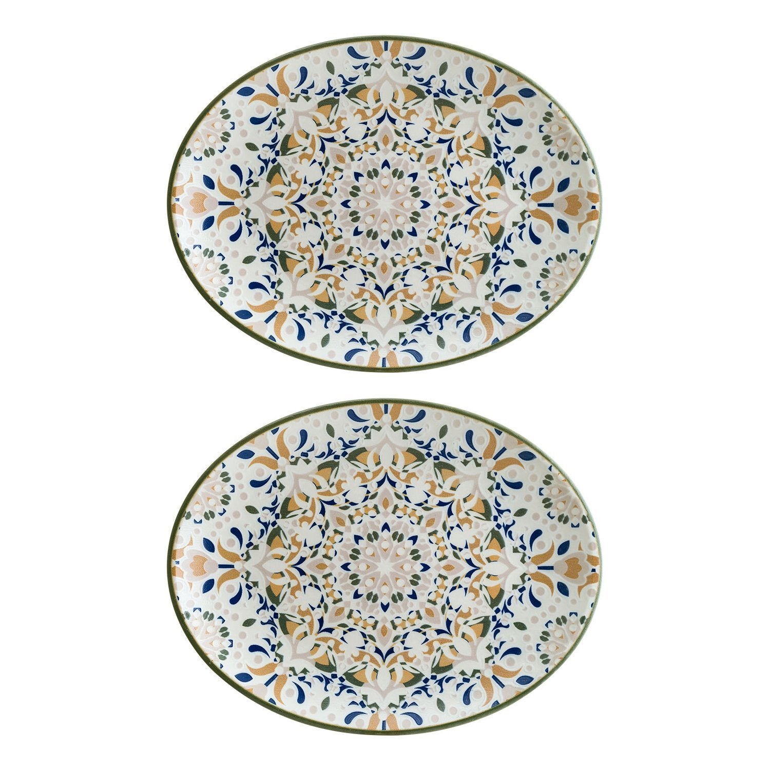 Tenango 12.25" x 9.5" x h:1" Oval Decorated Vitrified Platter (Set of 2)