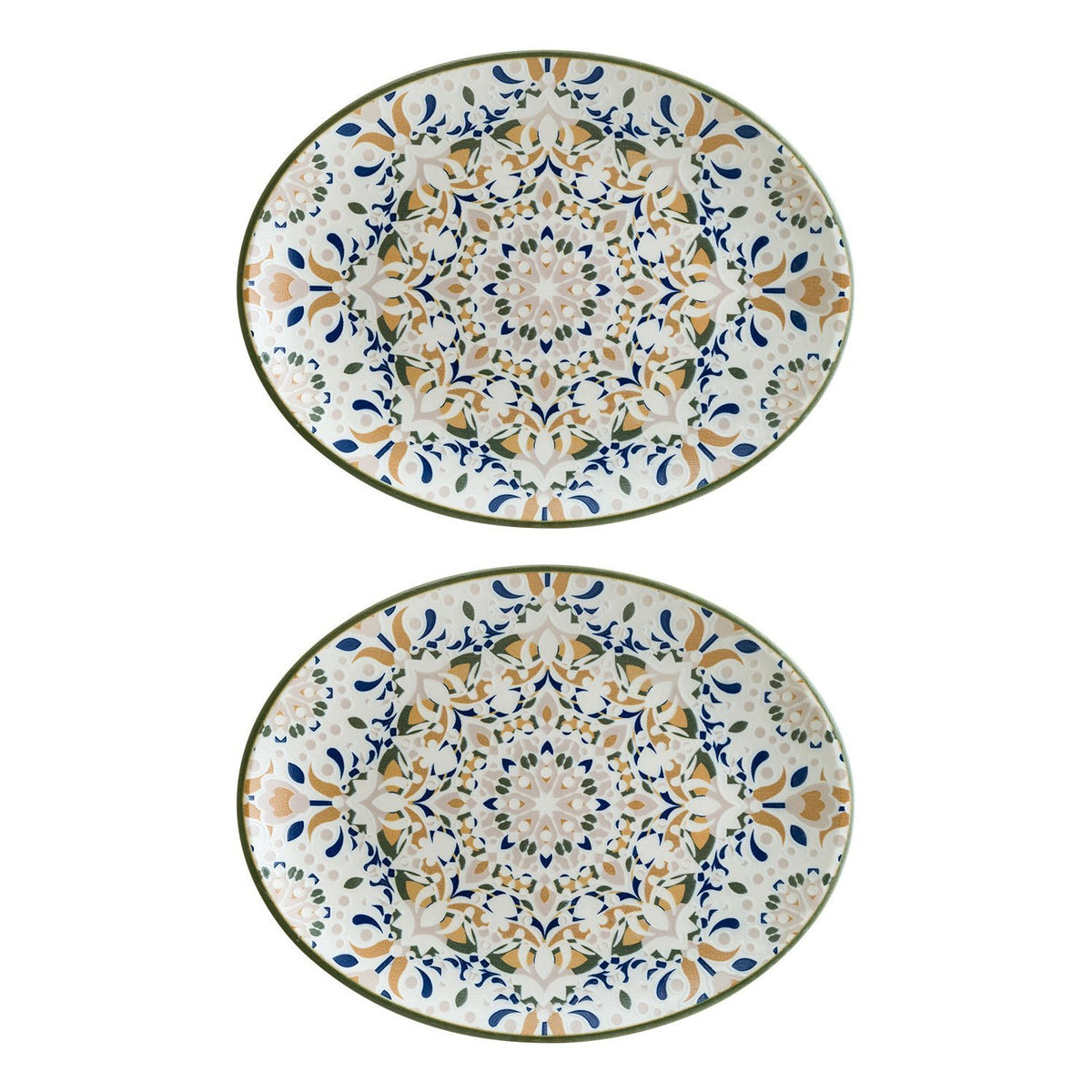 Tenango 12.25" x 9.5" x h:1" Oval Decorated Vitrified Platter (Set of 2)