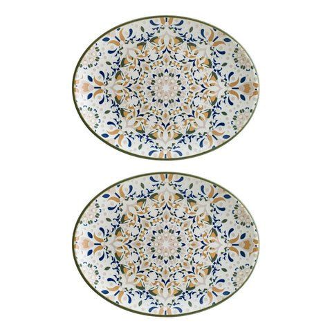 Tenango 12.25" x 9.5" x h:1" Oval Decorated Vitrified Platter (Set of 2)
