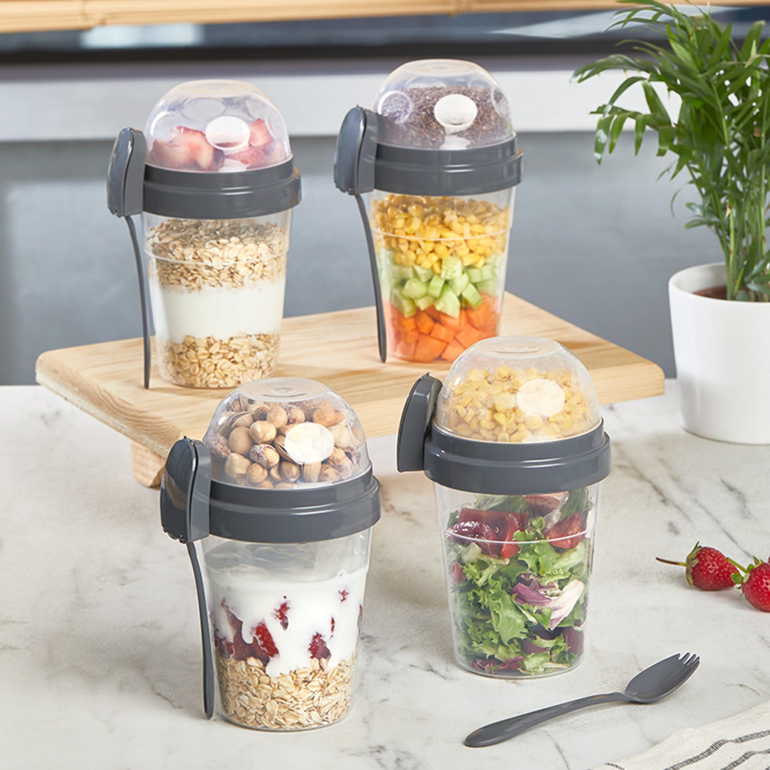 To Go Yogurt & Cereal Containers With Spoon (Set of 4)
